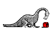 A pixel-art dinosaur dropping a letter into a post box